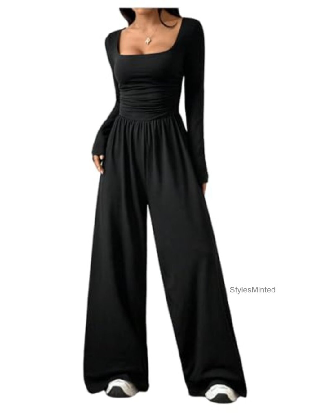 Women's Long Sleeve Square Neck Wide Leg Jumpsuit Loose One Piece Romper